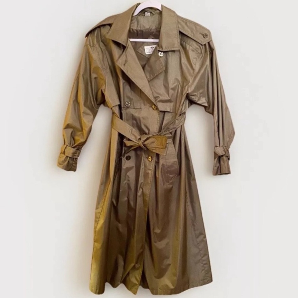 Worthington Essentials Womens 10P Olive Trench Coat Vintage Petite Raincoat Belt